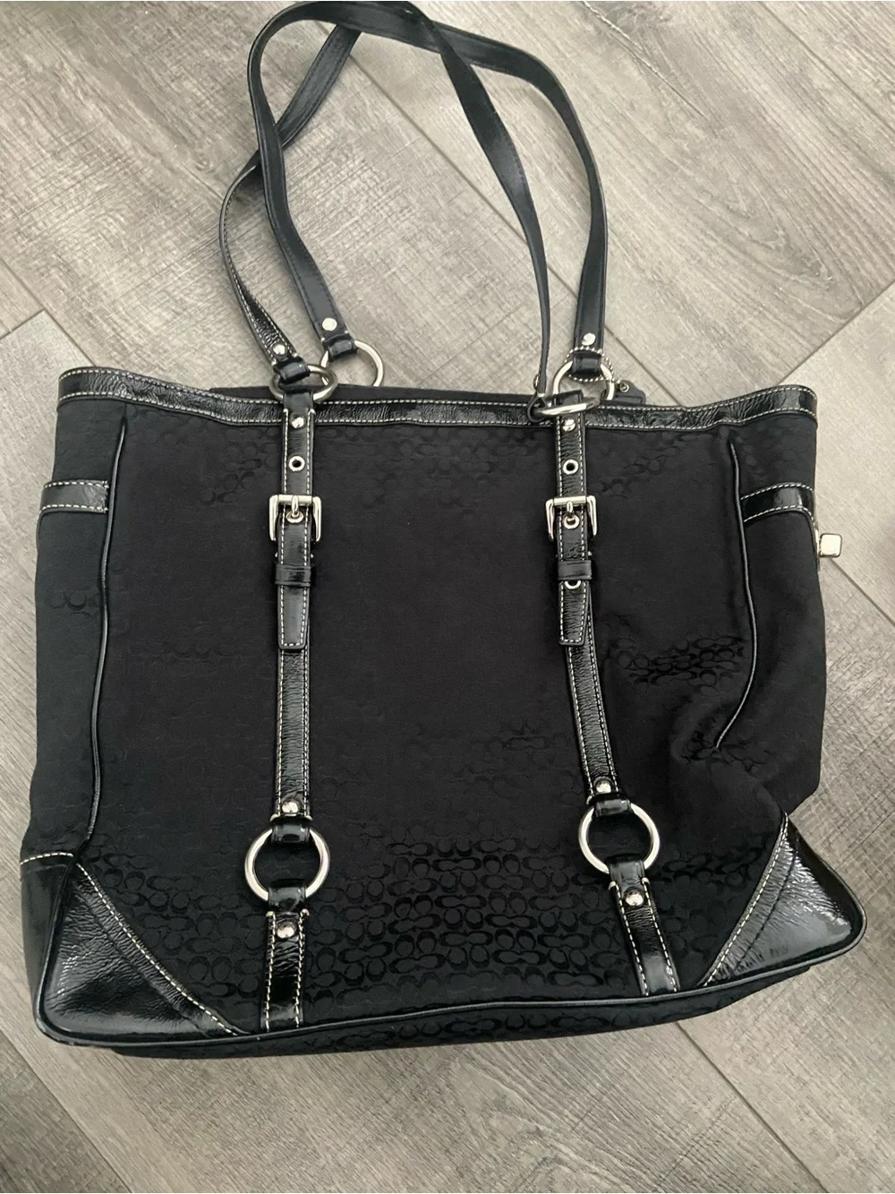 Coach Black Signature Canvas Shoulder Tote with Ring-Detail Straps